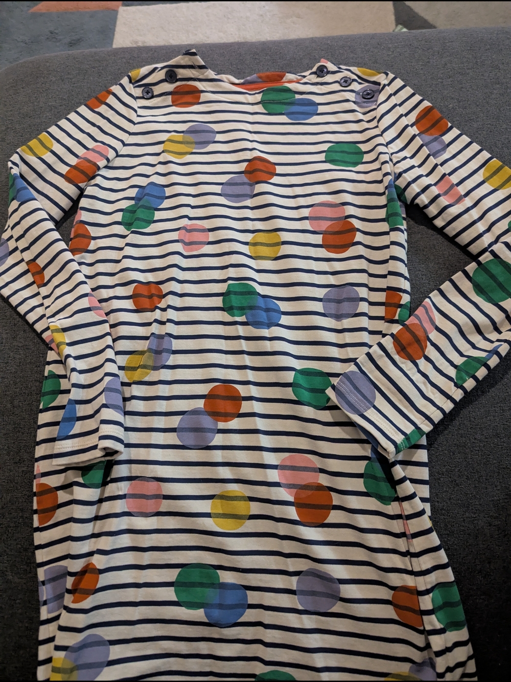 Mini Boden White Navy Striped Dress with Multicolor Polka Dots